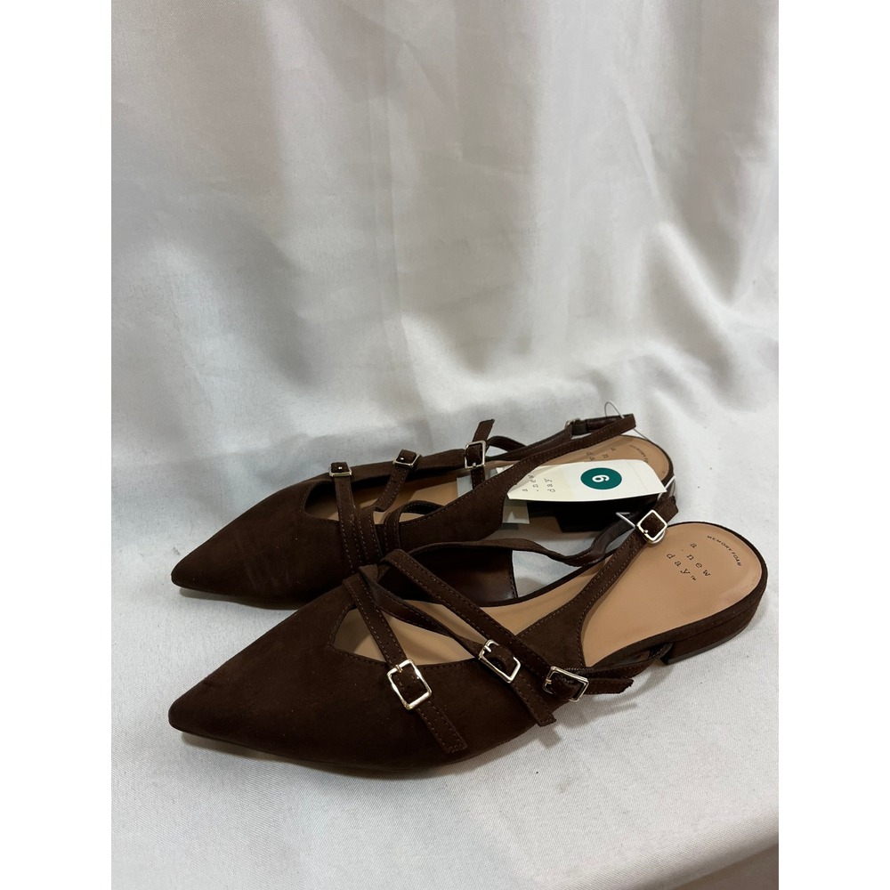 A New Day Womens Pointed Toe Slingback Buckle Flats Brown Suede Memory Foam 9